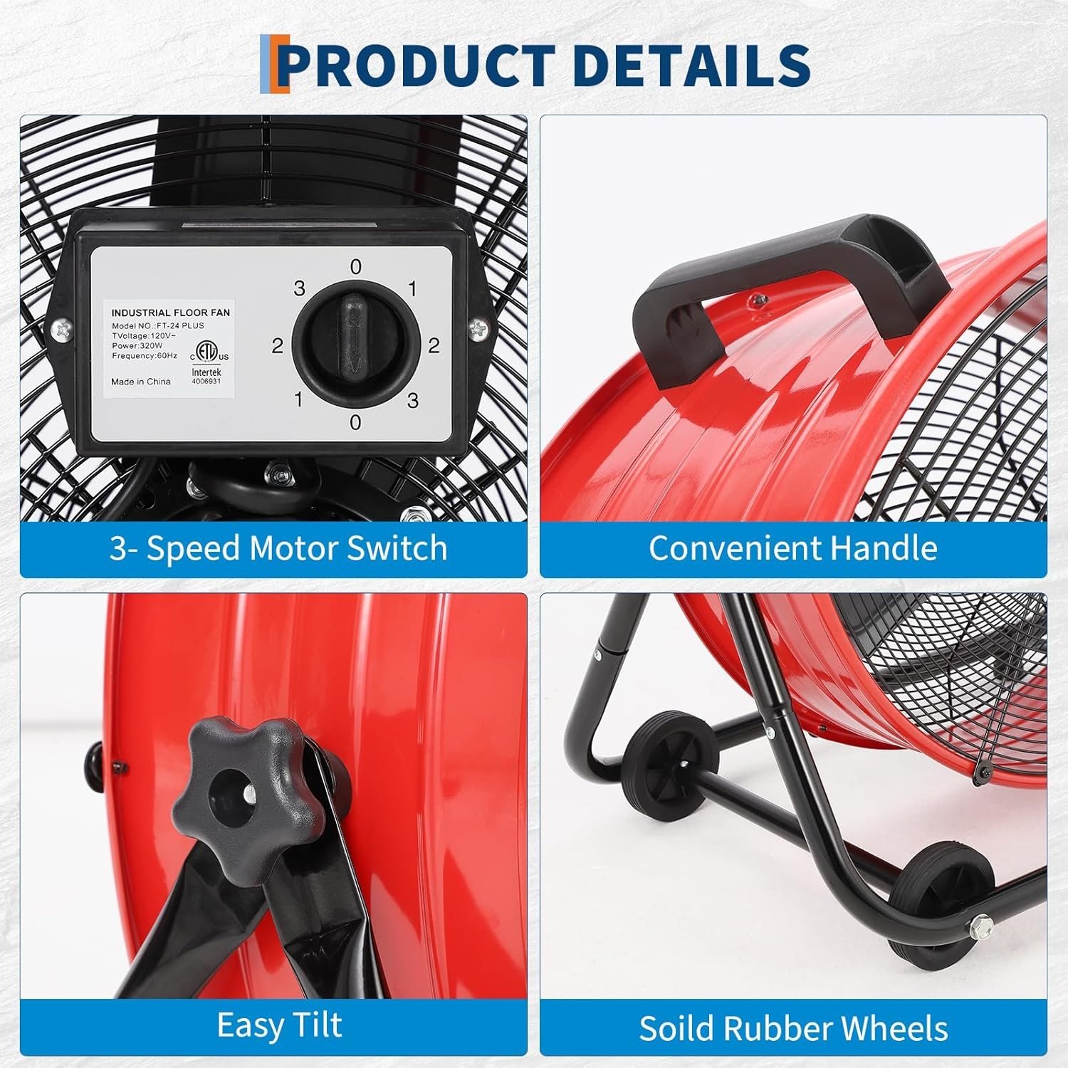 24" Industrial Drum Fan 3 Speed Rolling Floor Fan Air Circulator 4800-8800 CFM