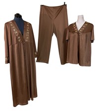 Vtg JC Penny 3PC Brown Nylon Floral Embroidered Peignoir Robe Top Pant Set M