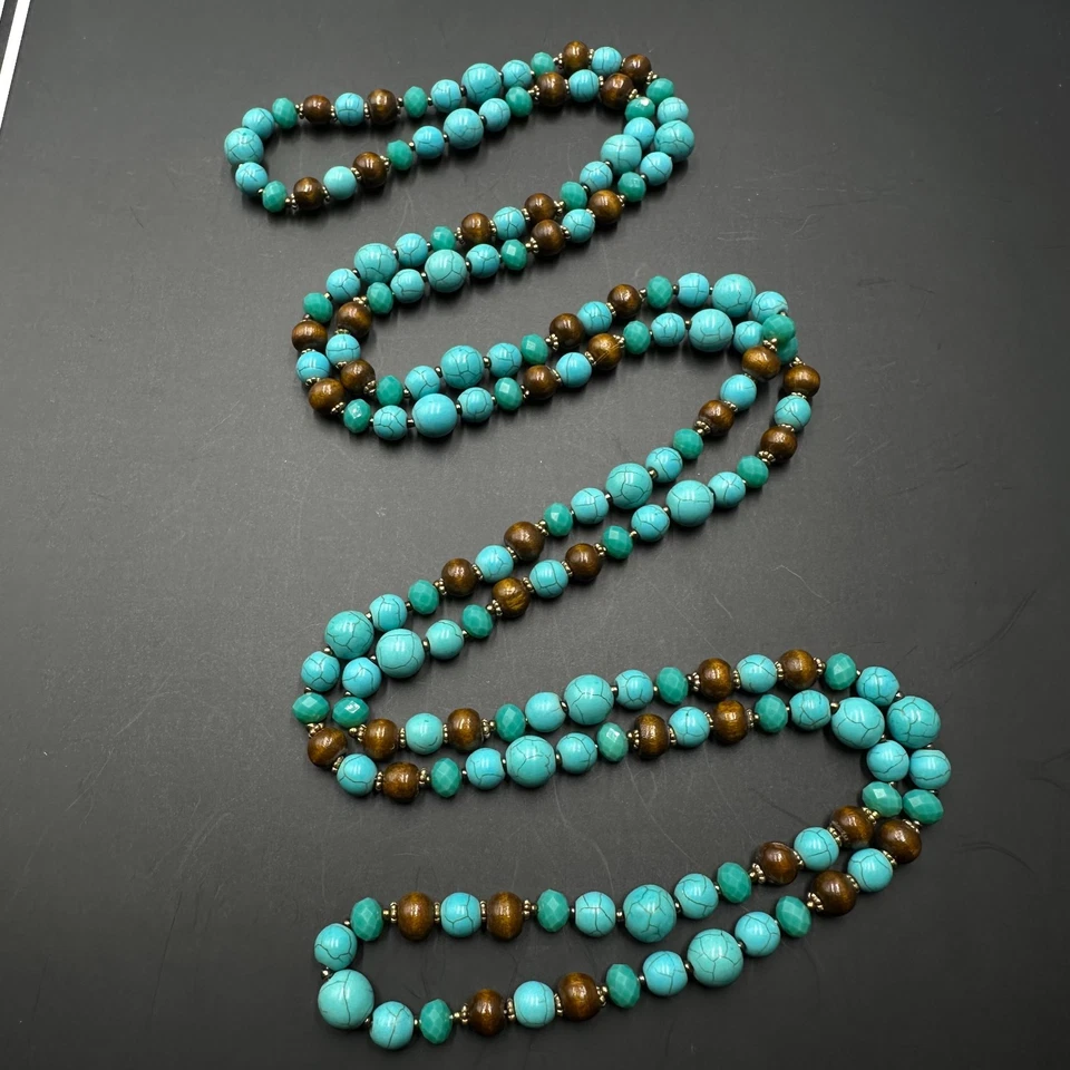 Faux Turquoise Beaded Necklace Brown Wood Beads Boho Southwestern Long 58" - Image 3 of 4