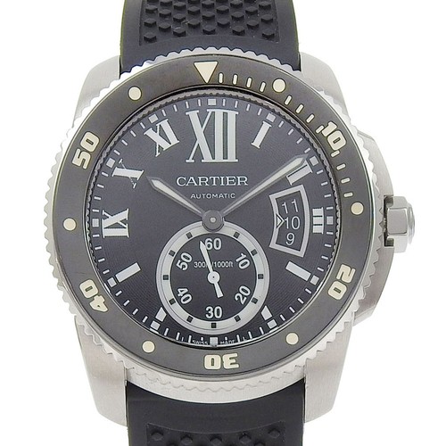 CARTIER CALIBRE DIVER W7100056 WATCH SS RUBBER AUTOMATIC MEN'S BLACK DIAL USED - Picture 1 of 8