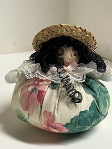 Handmade Vintage Fabric Pin Cushion Doll. Straw, Lace And Pink Ribbon, 5”