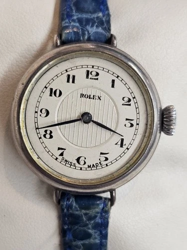 Vintage Antique Rolex 15 Jewels Trench Watch 1930s Sterling Silver Case Running