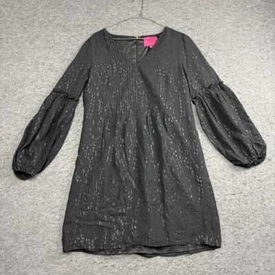 Lilly Pulitzer Cleme Dress Women's 4 Black Silk Metallic Balloon Sleeve Shift