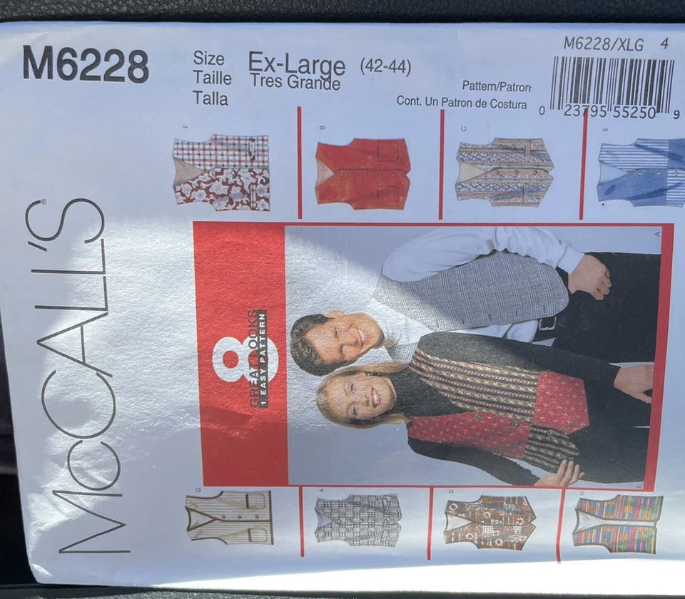 McCall's Patterns M6228 Misses'/Men's Lined Vests, Size XLG (42-44) Vintage New - Image 3 of 4