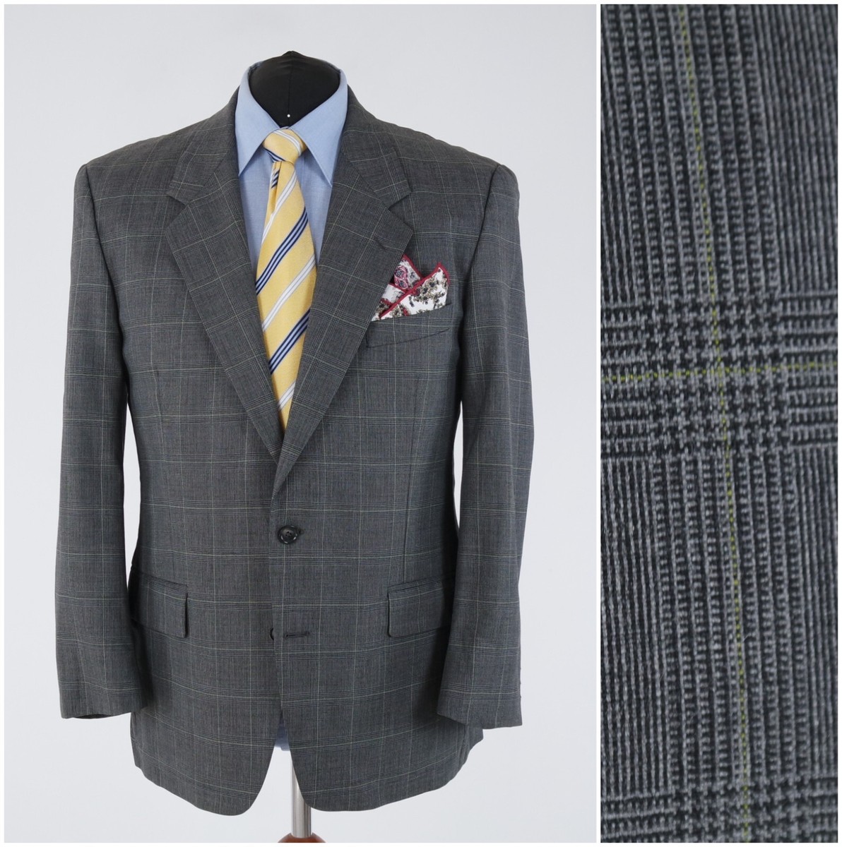 Mens Plaid Sport Coat 46R US Size ANDRE BALZAC Grey Wool Blazer