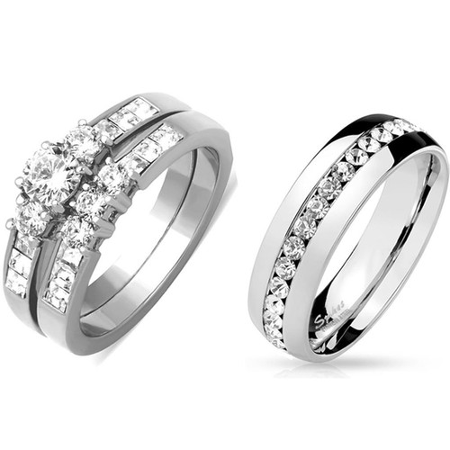 3 PC Couple Ring Set Womens Stainless Steel Wedding Ring Mens CZ all around Band - Afbeelding 1 van 24