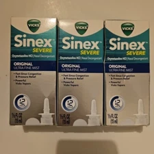 Vicks Sinex Severe Nasal Spray 12 Hour Ultra Fine Mist 0.50 oz X3 Exp 06/2026+