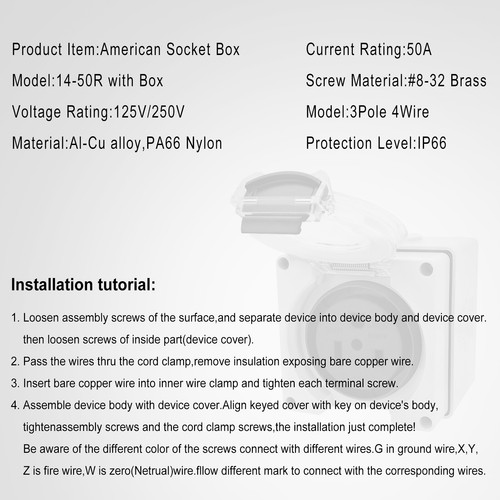 STARELO 50Amp Power Outlet Box,NEMA 5-50R Receptacle,250Volt Heavy-Duty Outdoor - Picture 8 of 12