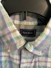 Men’s long-sleeve button-up shirt with pastel plaid pattern, aqua collar, and “Ryan Keith” label on inner lining.