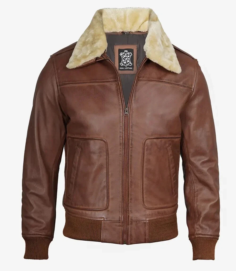Men's Lambskin Leather Bomber Jacket – Cognac Brown Fur Collar Moto USA
Opens in a new window or tab