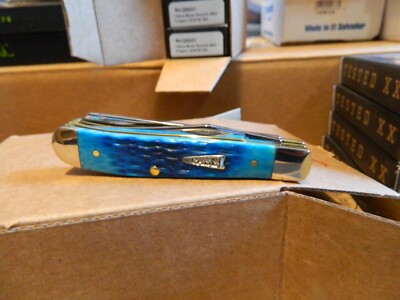 Case XX Mini Trapper Pocket Knife Tru-Sharp Steel Blades Blue Jig Bone Handle
