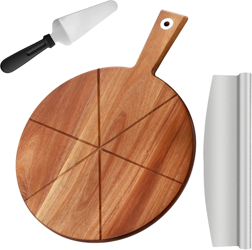 12 Inch Acacia Wood Pizza Peel with Handle and Cutter Set - Picture 11 of 11