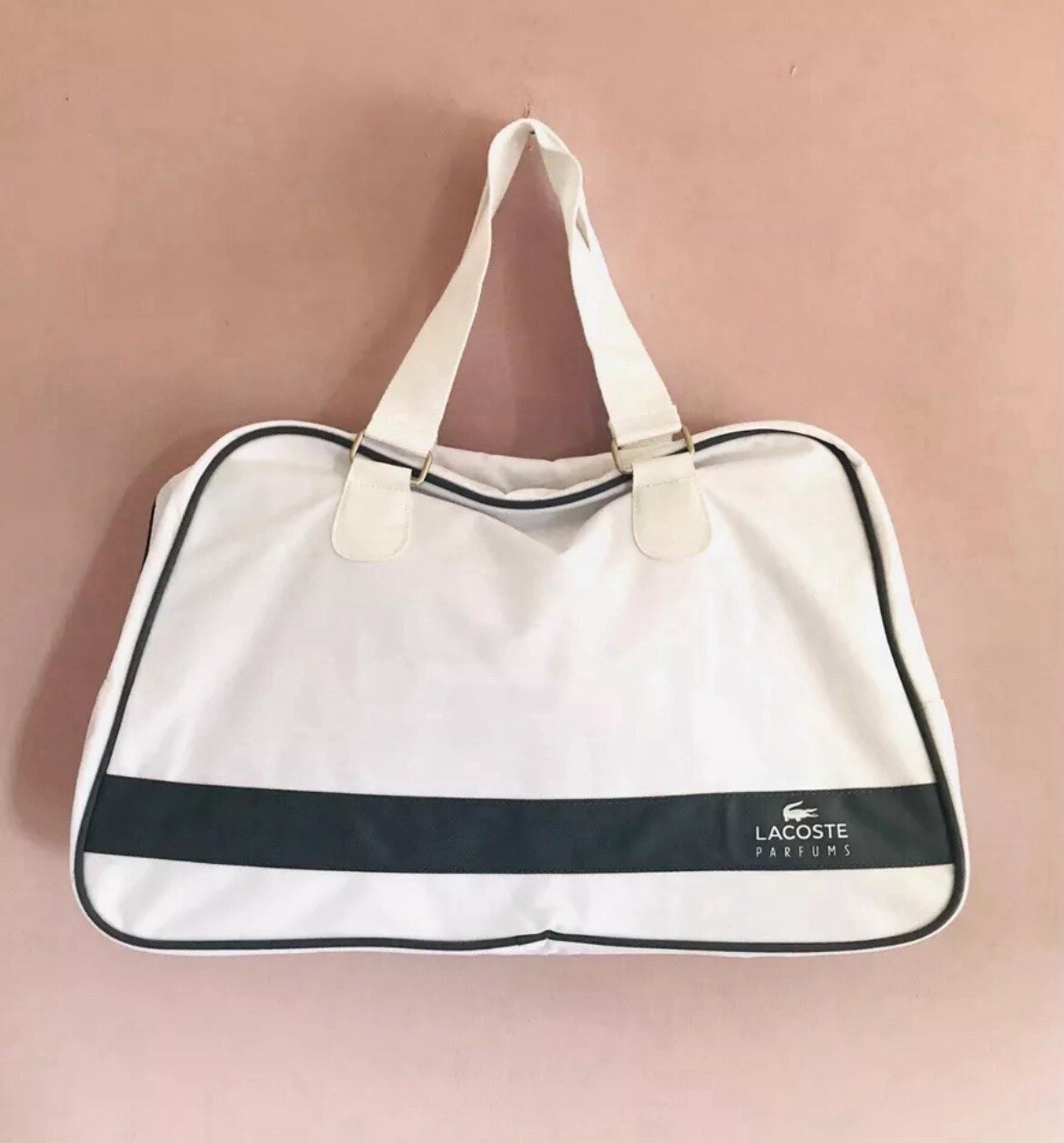 LACOSTE Parfums Borsa Weekend da Viaggio Leggera in Poly Canvas Bianca + Grigio NUOVA