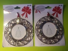 2  Christmas Ornament Photo Picture Frame Silver Hearts Circle Ornament