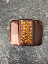 Vintage Large Brown Plastic Celluloid Orange Rhinestone Gold Studded Barrette