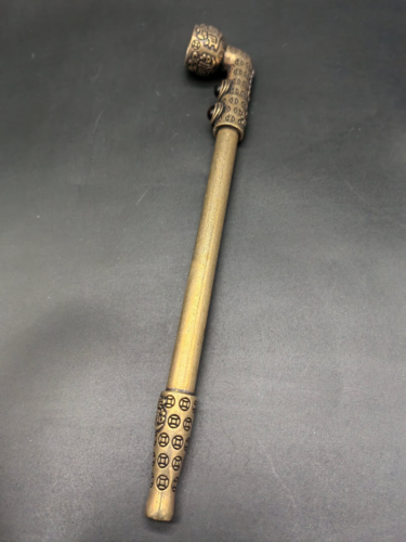 8.8" Chinese Collectible Hand-Carved 招财进宝 Inlaid Gem Retro Brass Tobacco Pipe - Picture 1 of 7