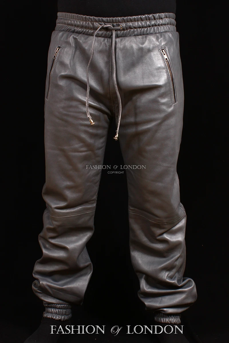 Homme Jogging Gris Peau d agneau Premium V ritable Cuir Doux Pantalon Serrage