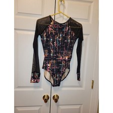 Women Purple Pixies Black Long Sleeve Mesh Dance Leotard Costume Size L