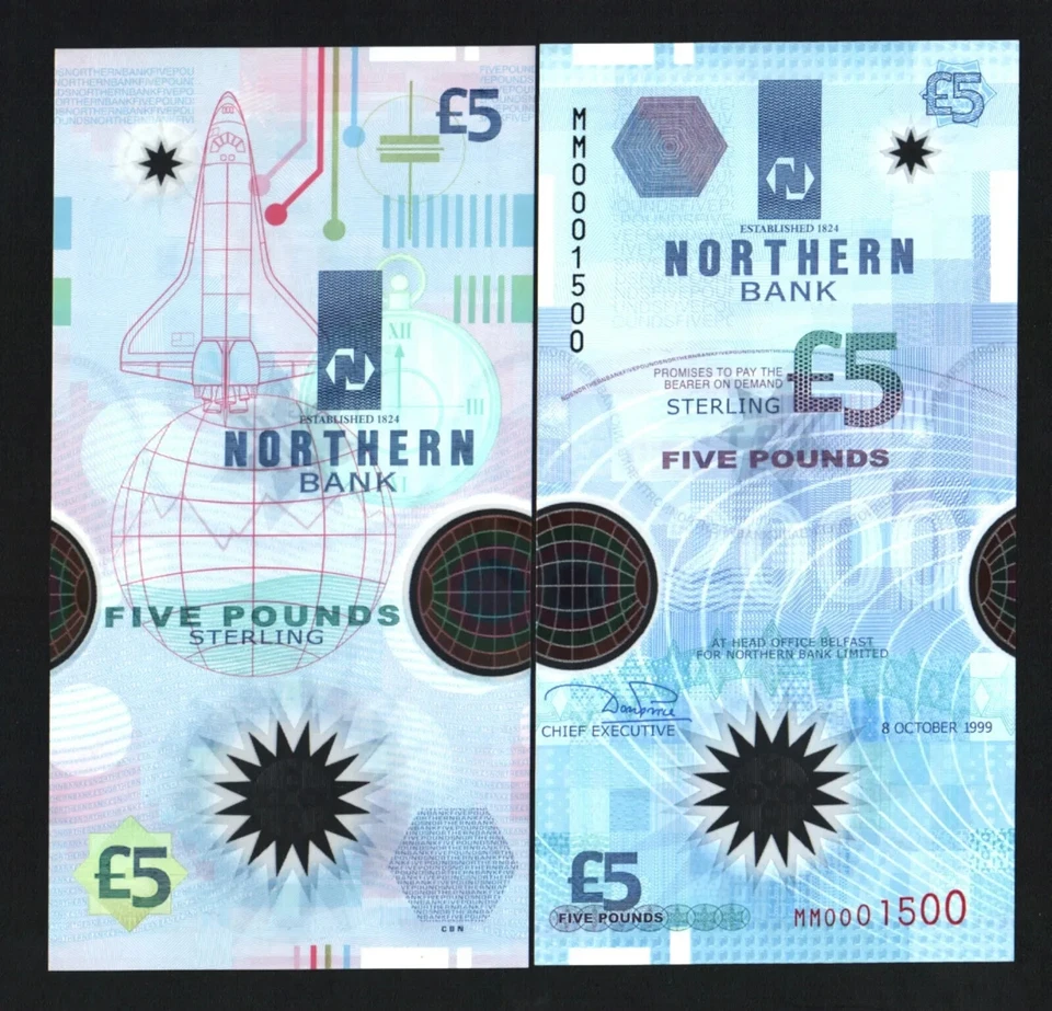 Irlanda Norte £5 P-203 1999 transbordador espacial conmemorativo polímero irlandés UNC BILLETE Foto 3 de 4