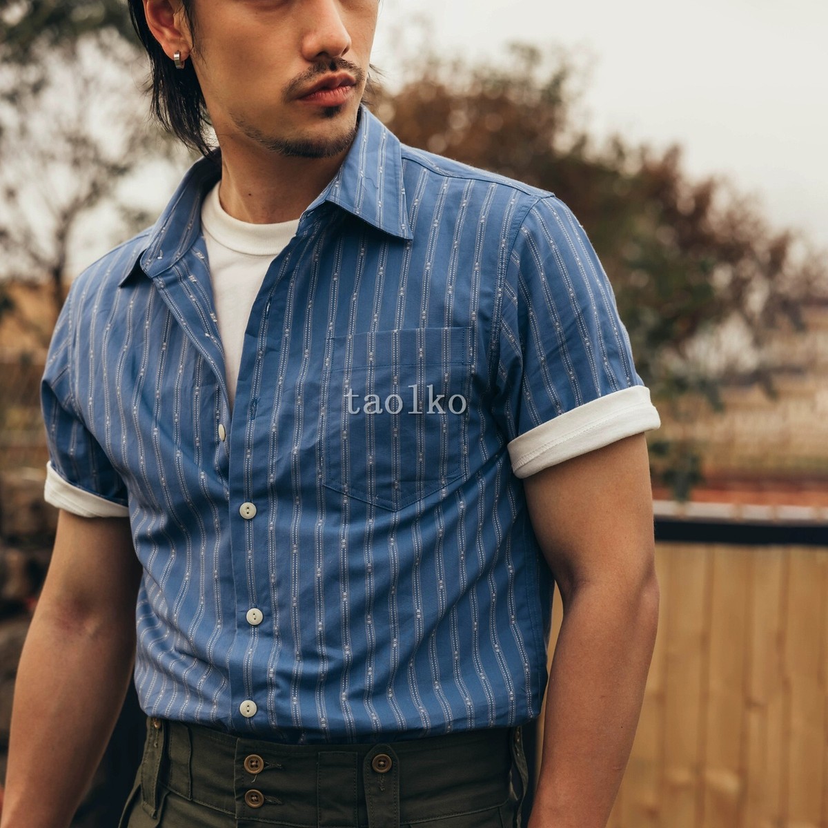 トップス vintage Euro cotton stripe shirt 60s 70s 60s Retro Italian Style Mens Short Sleeve 100% Cotton