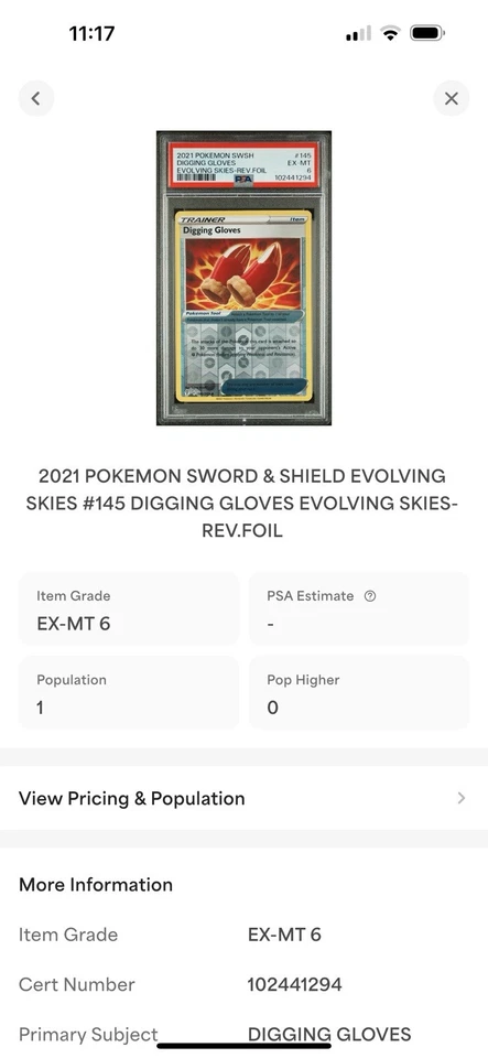 2021 POKEMON SWORD & SHIELD EVOLVING SKIES #145 DIGGING GLOVES Rev. Foil PSA 6 - Image 3 of 3