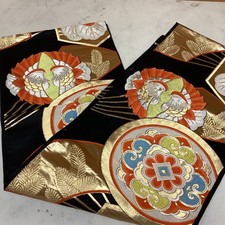Japanese Fukuro Obi Black Gold Floral Embroidery Traditional Kimono Belt