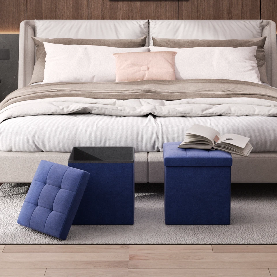Navy Blue Fabric Storage Ottoman Classic Cube Home Living Room Décor Footstool - Image 4 of 4
