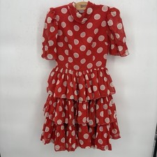 Vtg Homemade Red/white Polka Dot Puff Sleeve High Color Ruffle Tiered Small 25”