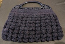 Vintage 1940s Navy Blue Hand Knit Crochet Macrame Celluloid Frame Purse