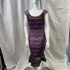 Vintage 70s Purple Gold Brocade Dress with Ruffle Hem - See measurements.