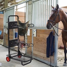 Rolling Saddle Rack Cart with Basket Heavy Duty Saddle Stand for Horse Gear