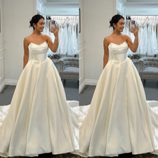 Satin Wedding Dresses White Sweetheart Sleeveless Ivory A Line Bridal Gowns