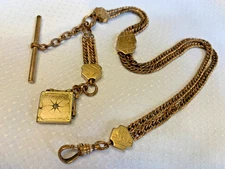 Antique Gold FIlled Pocket Watch Fob Vest Chain 19" Locket & Slider Charms