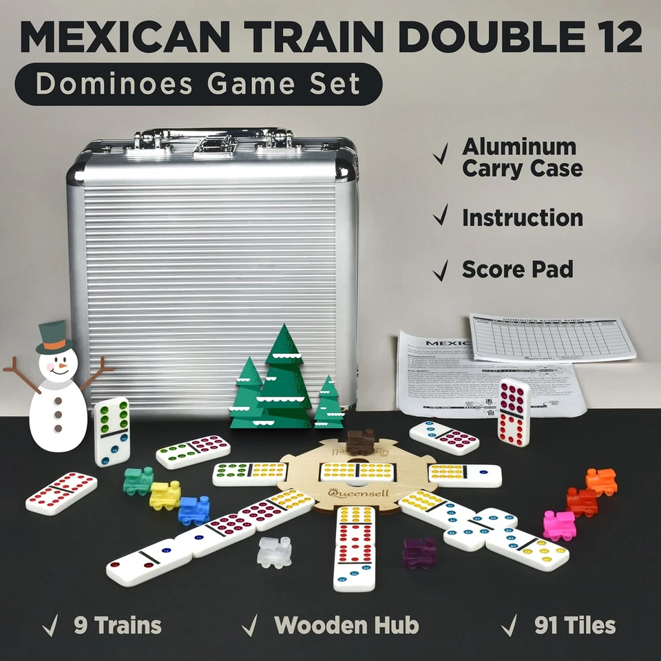 Juego de dominó de tren mexicano con cubo de madera, juegos de mesa de azulejos de dominó - doble 12  Foto 2 de 4