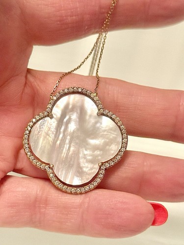 925 SS/GOLD VERMEIL~FAUX MOTHER OF PEARL~CZ CLOVERLEAF NECKLACE 16”+2” - Picture 6 of 11