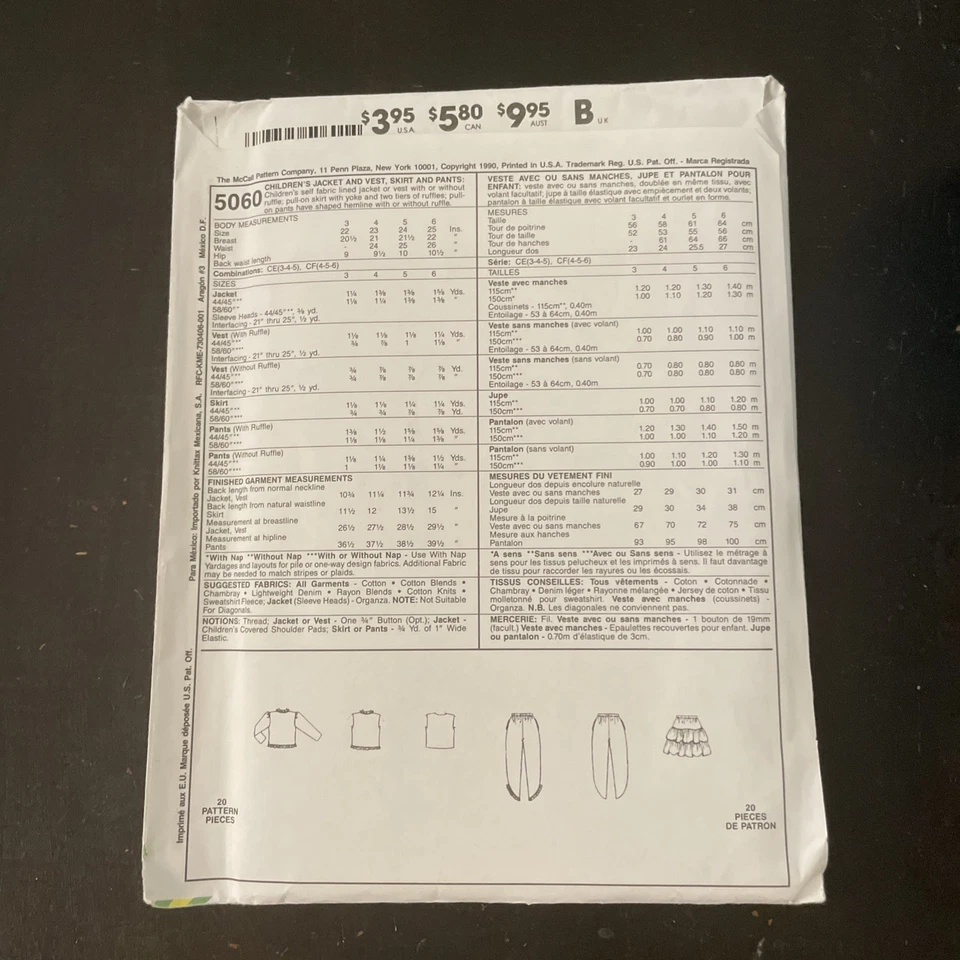 5060 Vintage McCalls Pattern Girls Jacket Skirt Vest Pants Easy Size 3-4-5 Uncut - Image 2 of 2