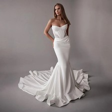 Simple Mermaid Wedding Dresses Off Shoulder Sleeveless Satin Ruffled Bridal Gown