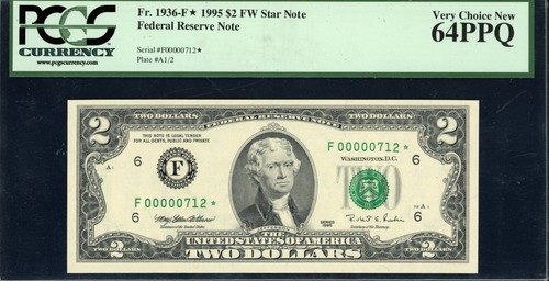 1995 $2 Federal Reserve "STAR - VERY LOW" Serial #. PCGS 64PPQ