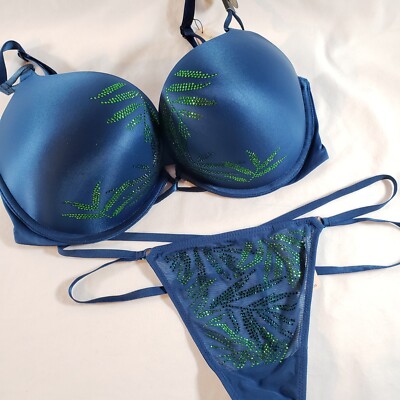 Victoria's Secret 34D Bombshell Bra Plunge Medium V-String Set Blue Green Bling