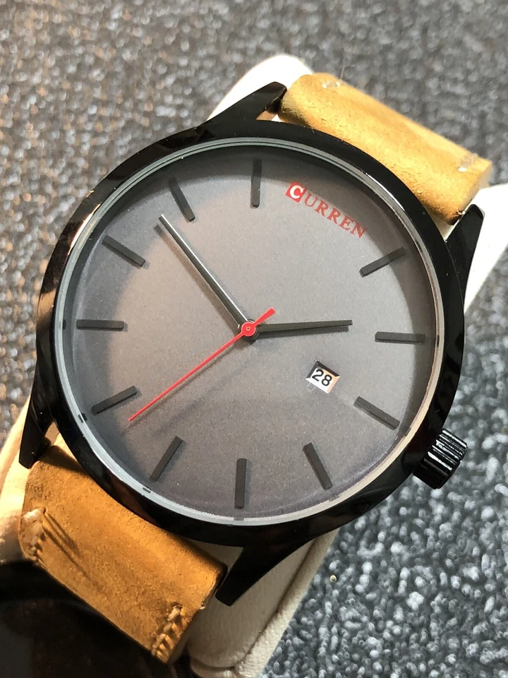 男式黑色石英表灰色表盘带日期棕色皮革表带 8 英寸 45 毫米全新电池 — 第 2/4 张图片