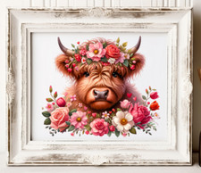 Cow Wall Art Print, Cow with Flowers Print, Farmhouse Home Art Decor 456