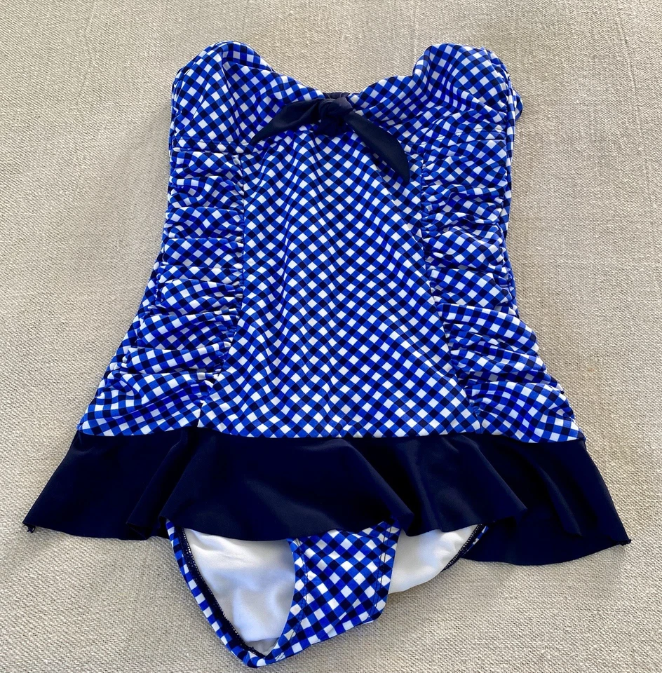 NUEVO CON ETIQUETAS Traje de Baño La Blanca Talla M Bandeau Halter Acanalado 1 Pieza Negro Azul Blanco Cuadros Foto 2 de 4