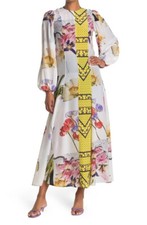 Ganni Mixed Printed Crepe De Chine Long Sleeve Midi Dress sz 34 NEW