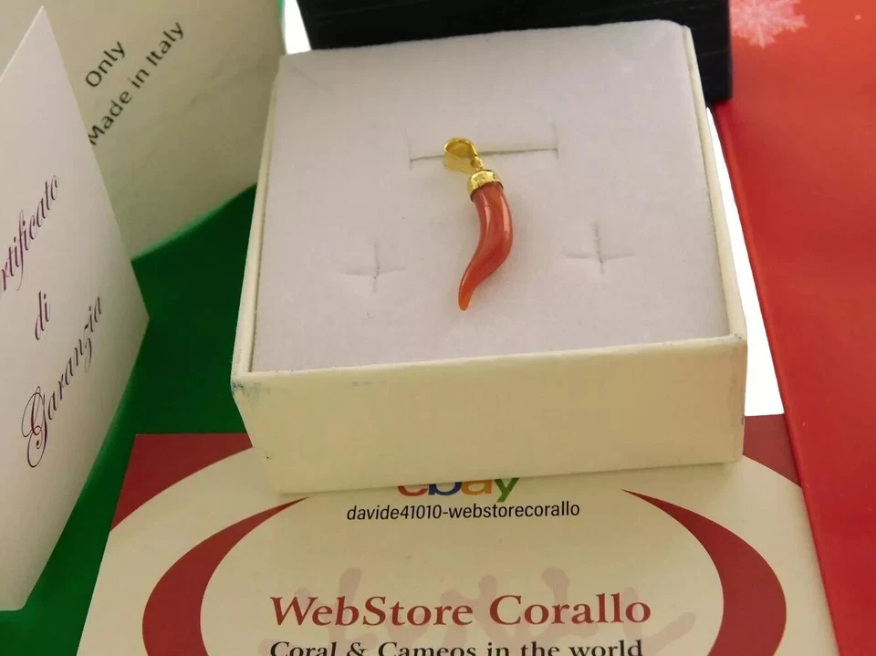 Corno napoletano di Corallo Ciondolo con argento 925 PL in Oro da 750 Pendente - Immagine 2 di 3