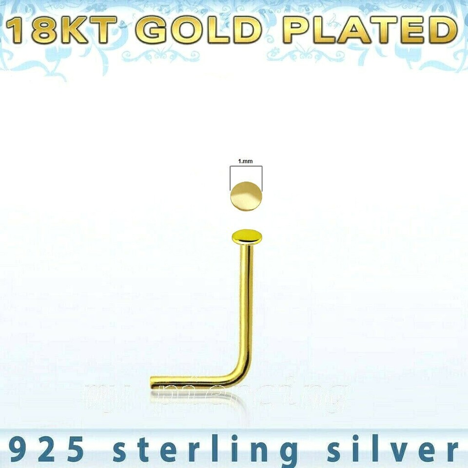 2pcs. 22G 1.5mm Ball 18K Gold Plating .925 Sterling Silver L-Shaped Nose Stud