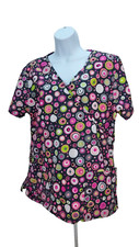 Scrub Works Womans Scrub Top Sz L Gray With Multi Color Circles Short Sleeve