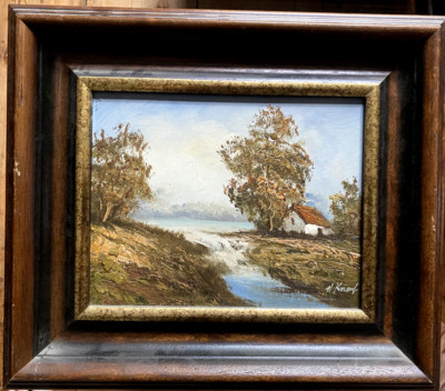 ::HENRICH KNAUF *1901-1976 OIL PAINTING HOUSE ON THE SHORE WATERFALL TREES LANDSCAPE