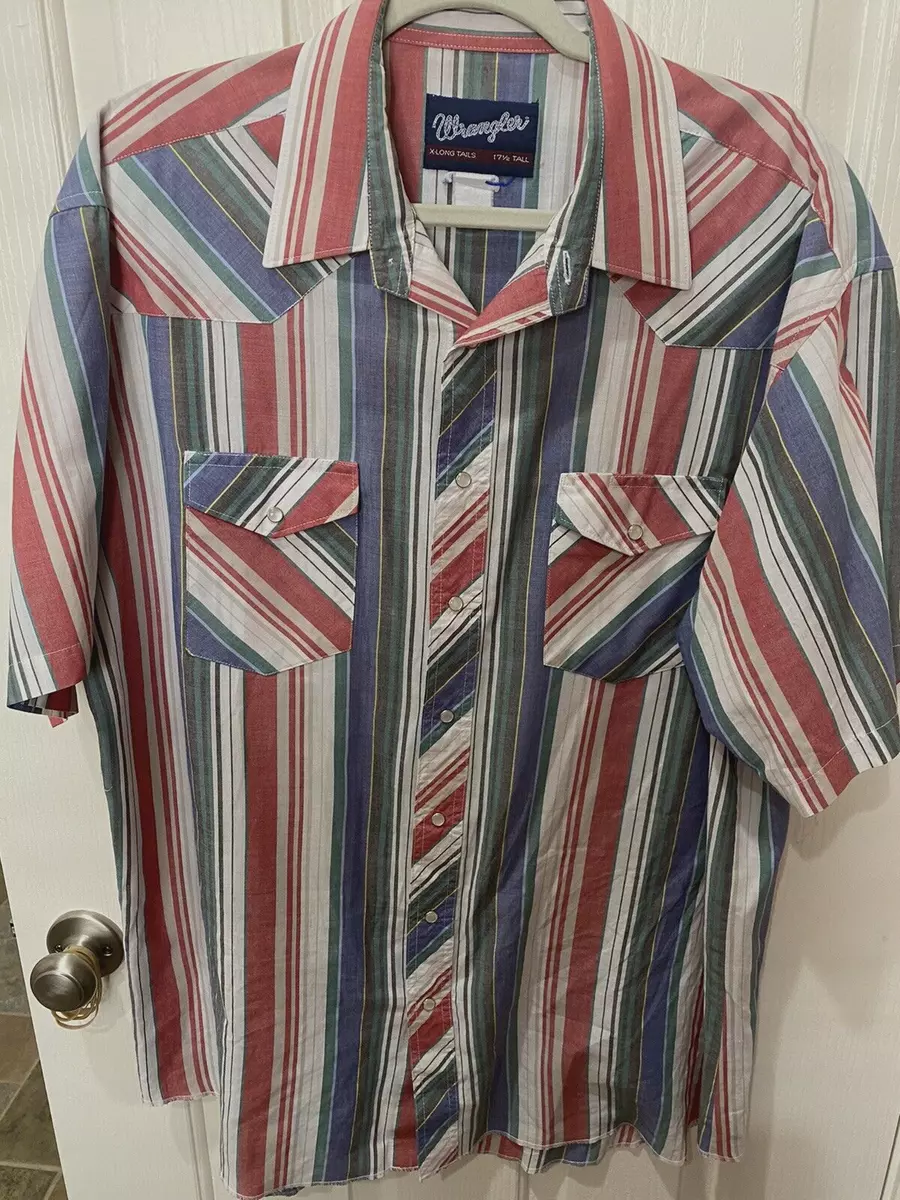 Vintage Wrangler Pearl Snap Western Shirt Blue Red Green Stripe 17 1/2 Tall  XL