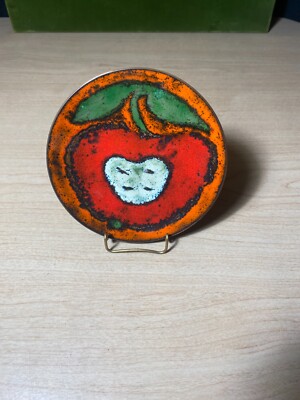 Vintage Enamel On Copper small Plate Abstract apple art with stand