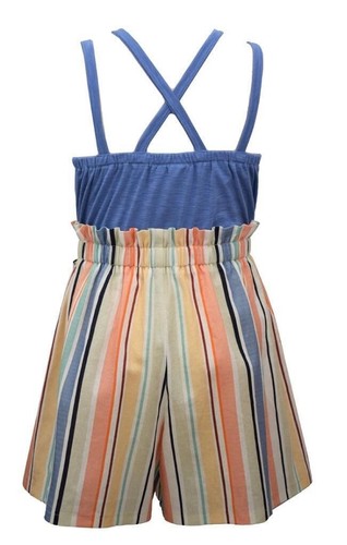NWT Bonnie Jean Girls Size 7 Blue Scallop Sleeveless Multi-Stripe Bow Romper - Picture 2 of 2